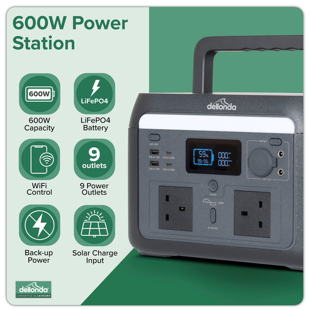 Dellonda Portable Power Station with Foldable Solar Panel, 600W (DL179)