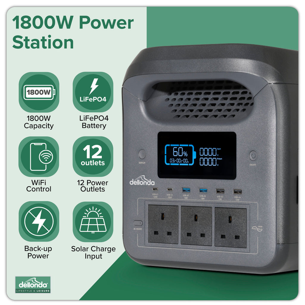 Dellonda Portable Power Station with Foldable Solar Panel, 1800W (DL180)