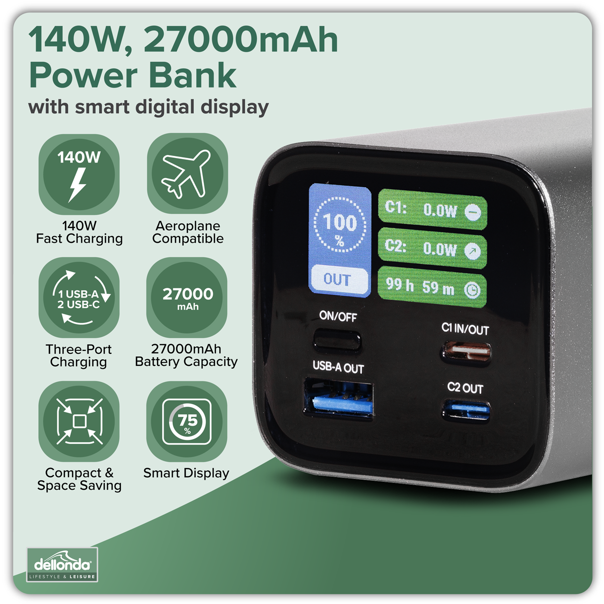 Dellonda Portable Power Bank 140W 27000mAh (DL168)