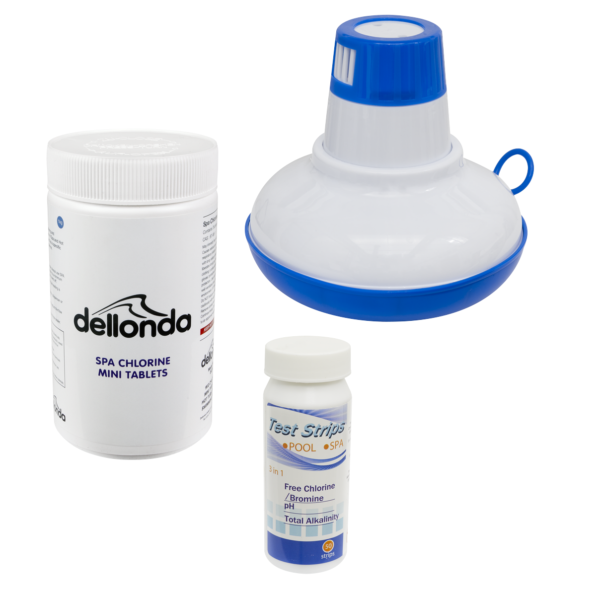 Dellonda Hot Tub/Spa & Swimming Pool Chlorine Pack includes Chlorine Mini Tabs 1kg, Chemical Floaters & 3-in-1 Test Strips