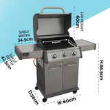 Dellonda 3 Burner Deluxe Gas BBQ Grill with Piezo Ignition & Wheels - Stainless Steel - B