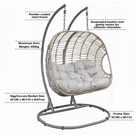Dellonda Double Pod Rattan Hanging Swing Egg Chair & Cushions - A