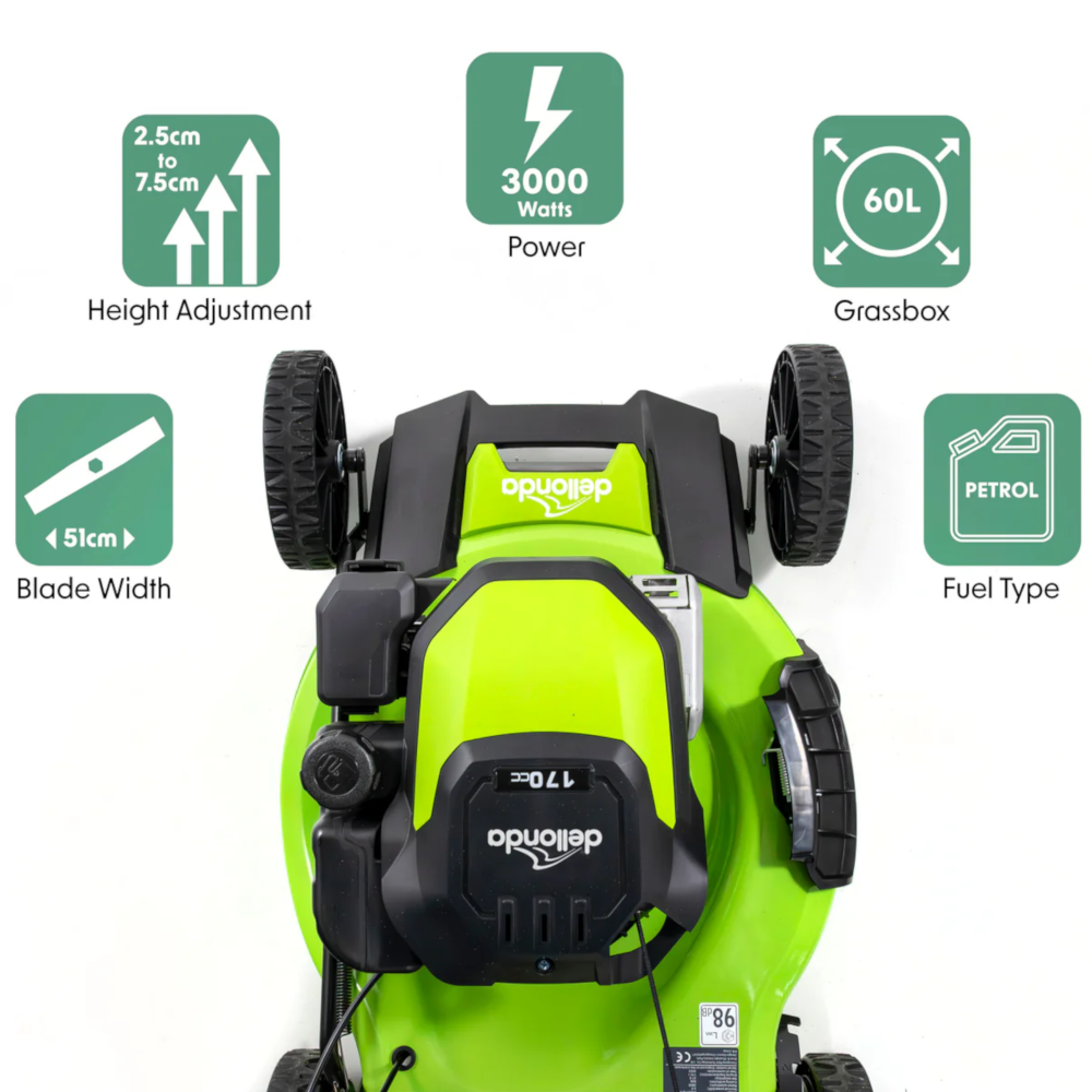 Dellonda DG102 Self Propelled Petrol Lawn Mower Grass Cutter, 510mm Cutting Width, 4 Stroke, 170cc