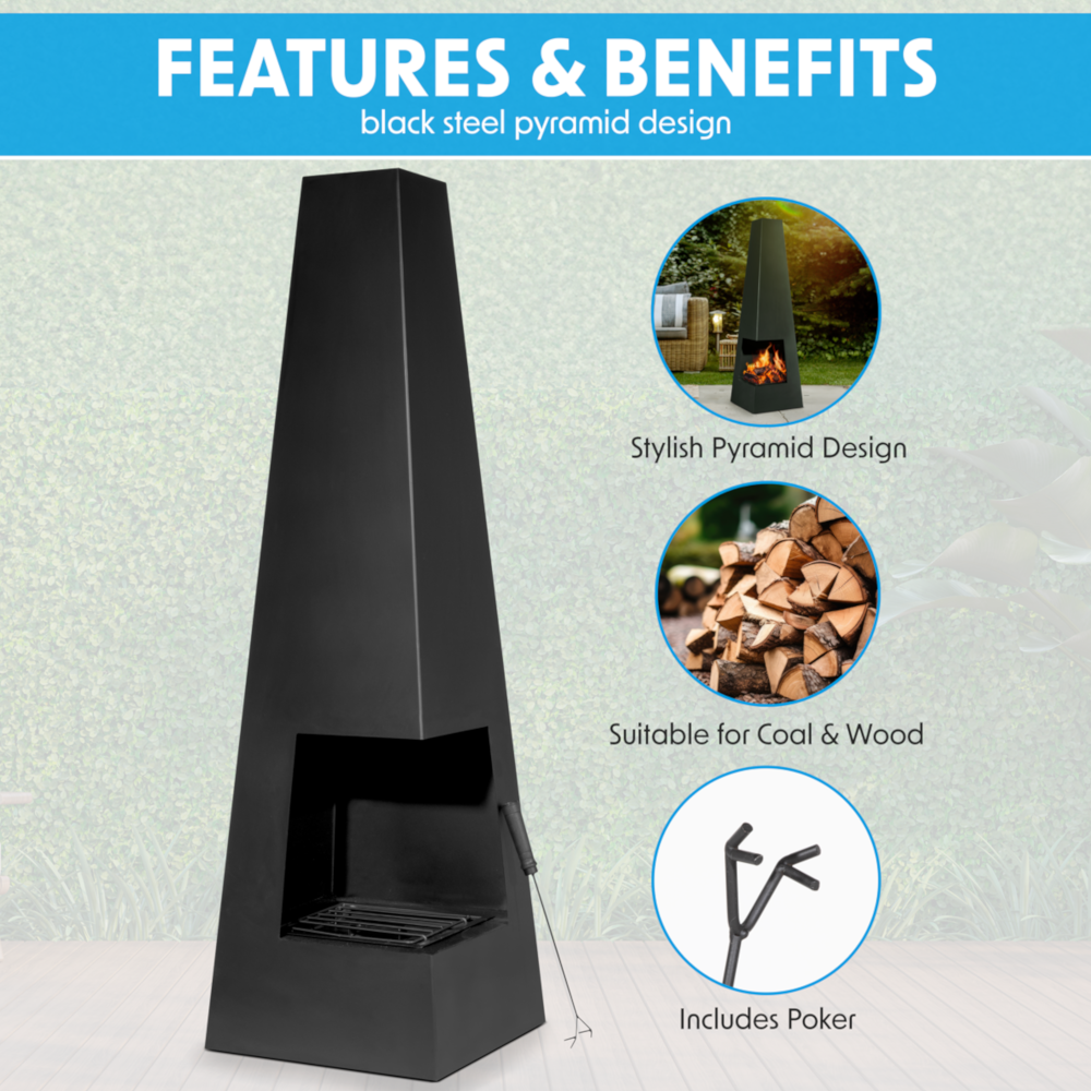 Dellonda DG105 Pyramid Chiminea, Outdoor Patio Heater, Wood Burner, Black Steel