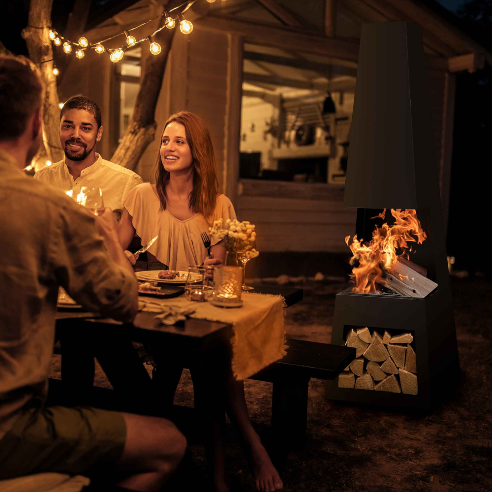 Dellonda DG107 Pyramid Chiminea with Firewood Storage, Outdoor Patio Heater, Wood Burner, Black Steel