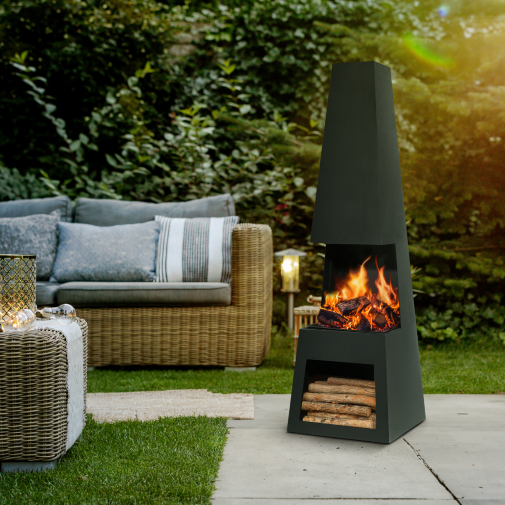 Dellonda DG107 Pyramid Chiminea with Firewood Storage, Outdoor Patio Heater, Wood Burner, Black Steel