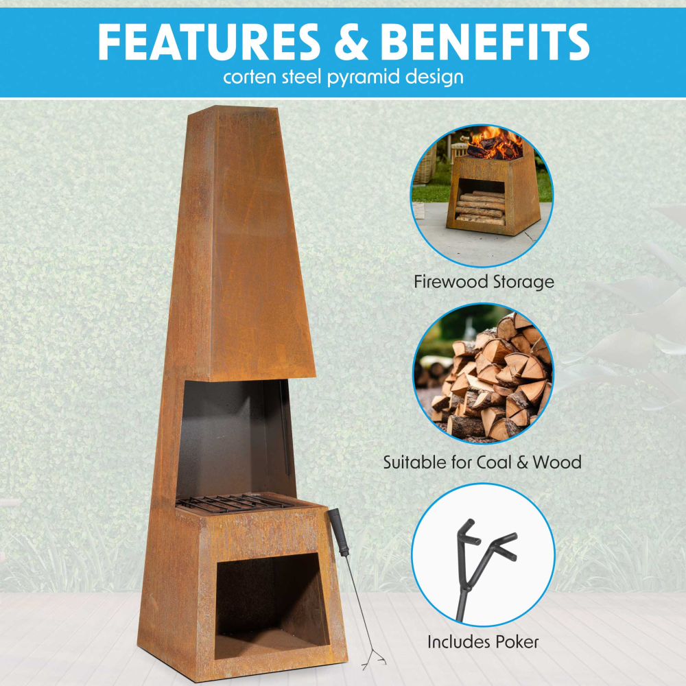 Dellonda DG108 Pyramid Chiminea with Firewood Storage, Outdoor Patio Heater, Wood Burner, Corten Steel