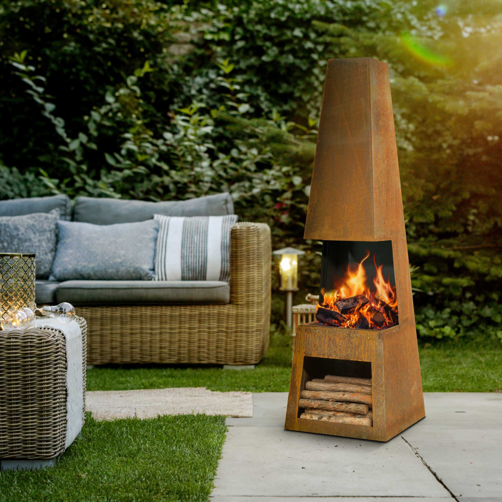 Dellonda DG108 Pyramid Chiminea with Firewood Storage, Outdoor Patio Heater, Wood Burner, Corten Steel
