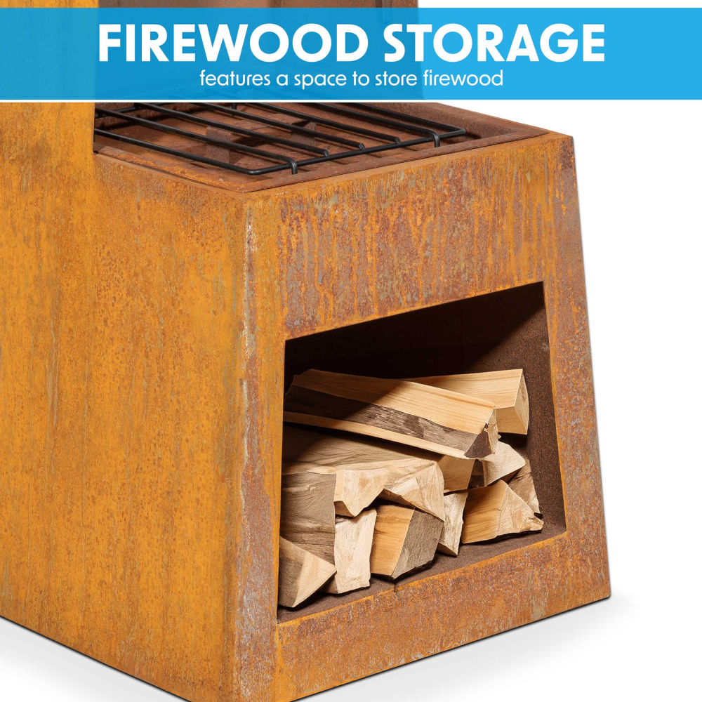 Dellonda DG108 Pyramid Chiminea with Firewood Storage, Outdoor Patio Heater, Wood Burner, Corten Steel