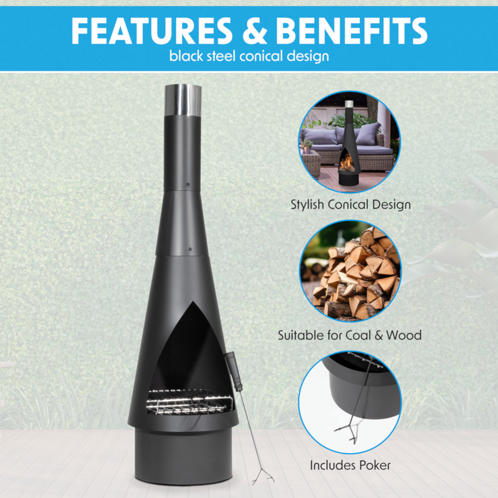 Dellonda DG109 Conical Chiminea, Outdoor Patio Heater, Wood Burner, Black Steel