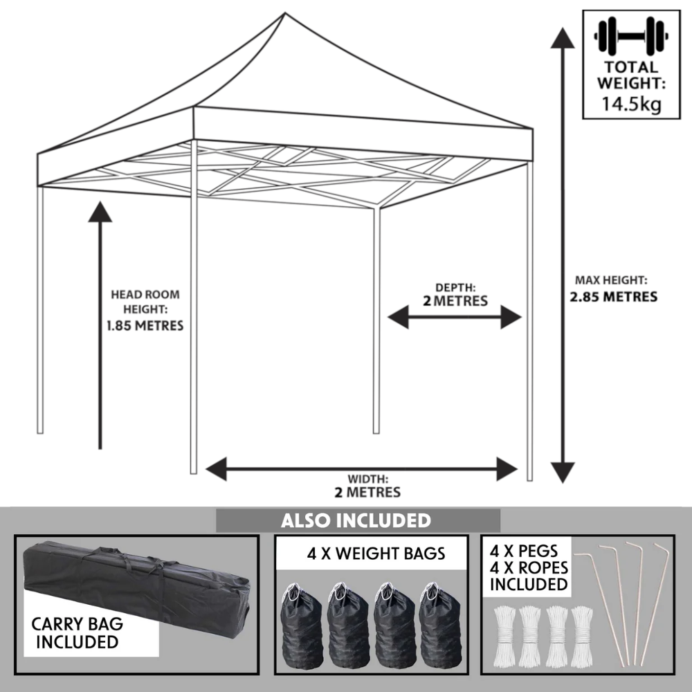 Dellonda DG126 DG127 DG128 DG129 Premium Pop Up Gazebo, Outdoor Garden Water Resistant Cover, 2m x 2m