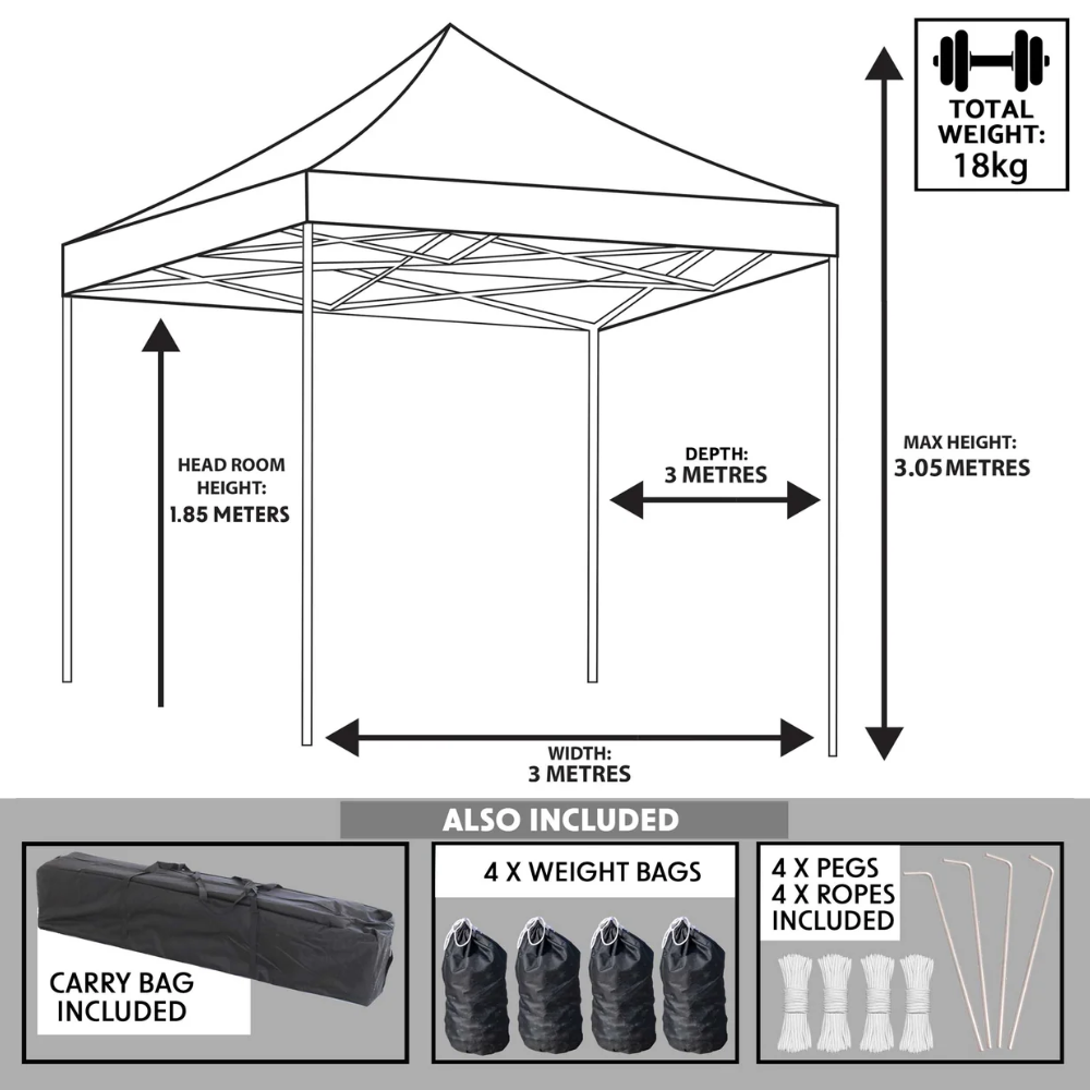 Dellonda DG130 DG131 DG132 DG133 Premium Pop Up Gazebo, Outdoor Garden Water Resistant Cover, 3m x 3m