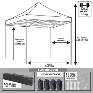Dellonda DG130 DG131 DG132 DG133 Premium Pop Up Gazebo, Outdoor Garden Water Resistant Cover, 3m x 3m