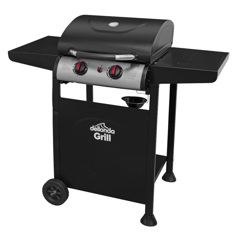 Dellonda DG13 2 Burner Gas BBQ Grill Cooker with Piezo Ignition, Built-in Thermometer, Black/Stainless Steel
