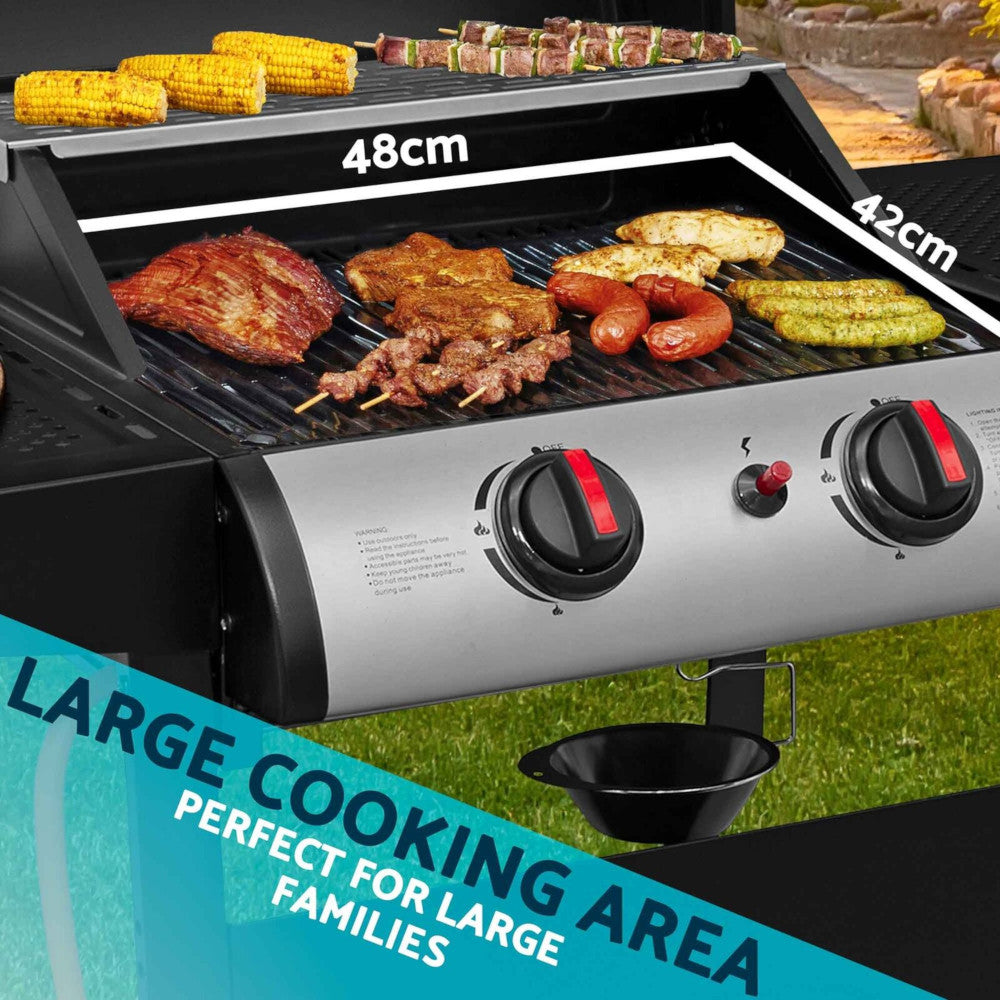 Dellonda DG13 2 Burner Gas BBQ Grill Cooker with Piezo Ignition, Built-in Thermometer, Black/Stainless Steel