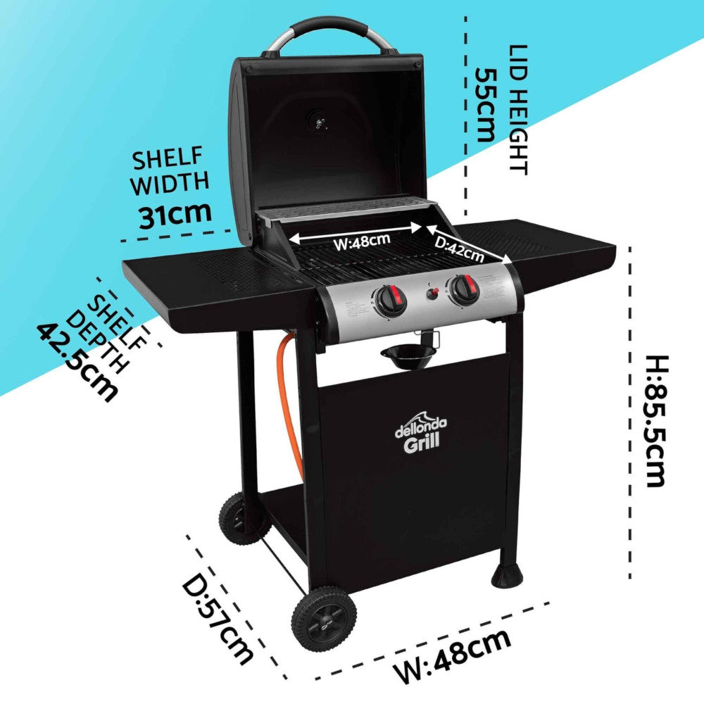 Dellonda DG13 2 Burner Gas BBQ Grill Cooker with Piezo Ignition, Built-in Thermometer, Black/Stainless Steel
