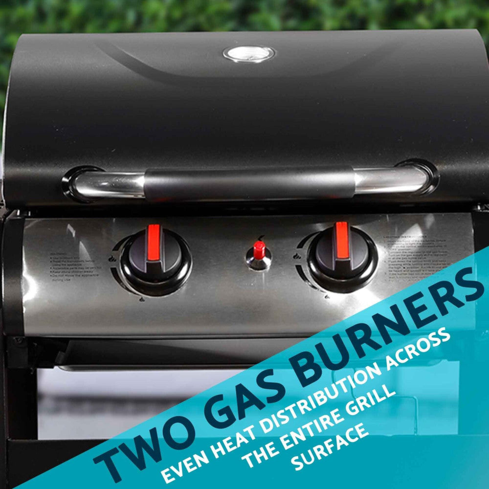 Dellonda DG13 2 Burner Gas BBQ Grill Cooker with Piezo Ignition, Built-in Thermometer, Black/Stainless Steel