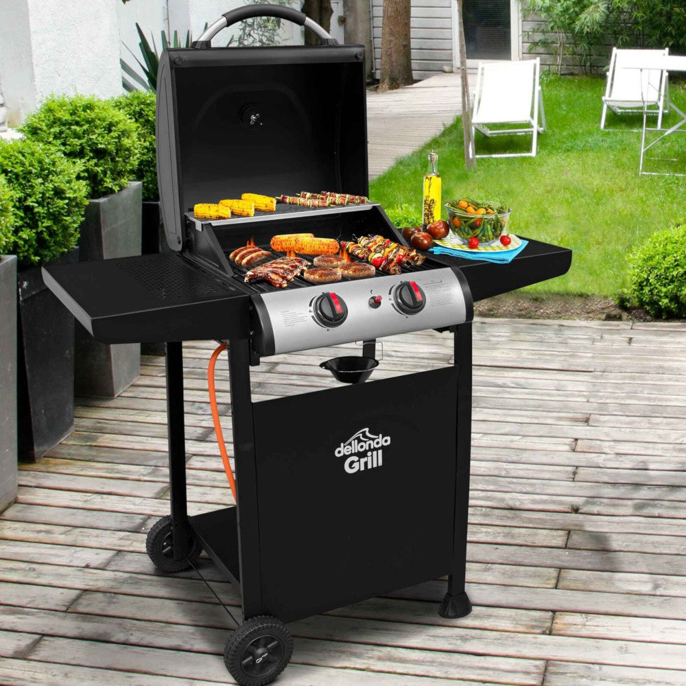 Dellonda DG13 2 Burner Gas BBQ Grill Cooker with Piezo Ignition, Built-in Thermometer, Black/Stainless Steel