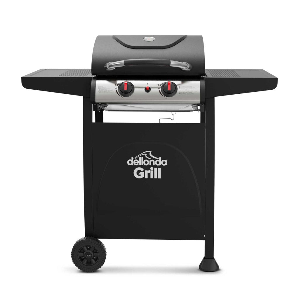 Dellonda DG13 2 Burner Gas BBQ Grill Cooker with Piezo Ignition, Built-in Thermometer, Black/Stainless Steel