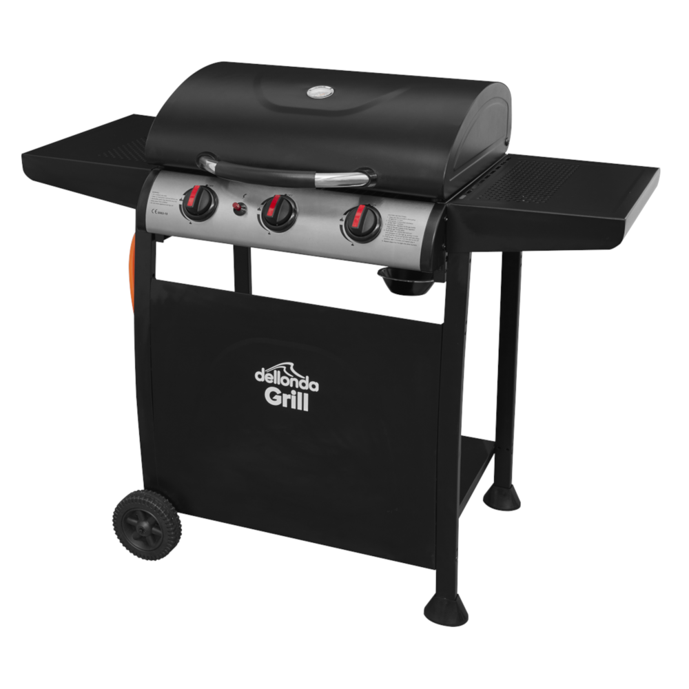 Dellonda DG14 3 Burner Gas Barbecue Grill Cooker with Piezo Ignition, Built-in Thermometer, Black/Stainless Steel