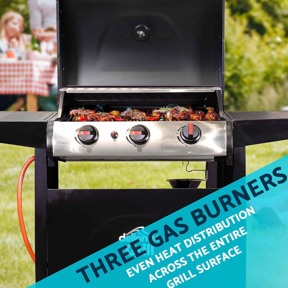 Dellonda DG14 3 Burner Gas Barbecue Grill Cooker with Piezo Ignition, Built-in Thermometer, Black/Stainless Steel
