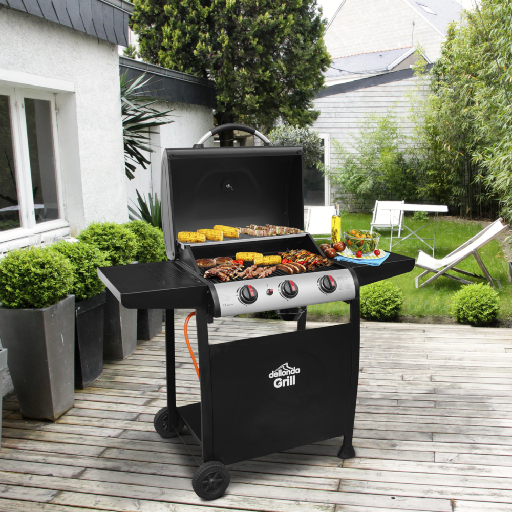 Dellonda DG14 3 Burner Gas Barbecue Grill Cooker with Piezo Ignition, Built-in Thermometer, Black/Stainless Steel
