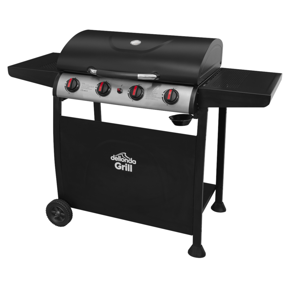 Dellonda DG15 4 Burner Gas Barbecue Grill Cooker with Piezo Ignition, Built-in Thermometer, Black/Stainless Steel