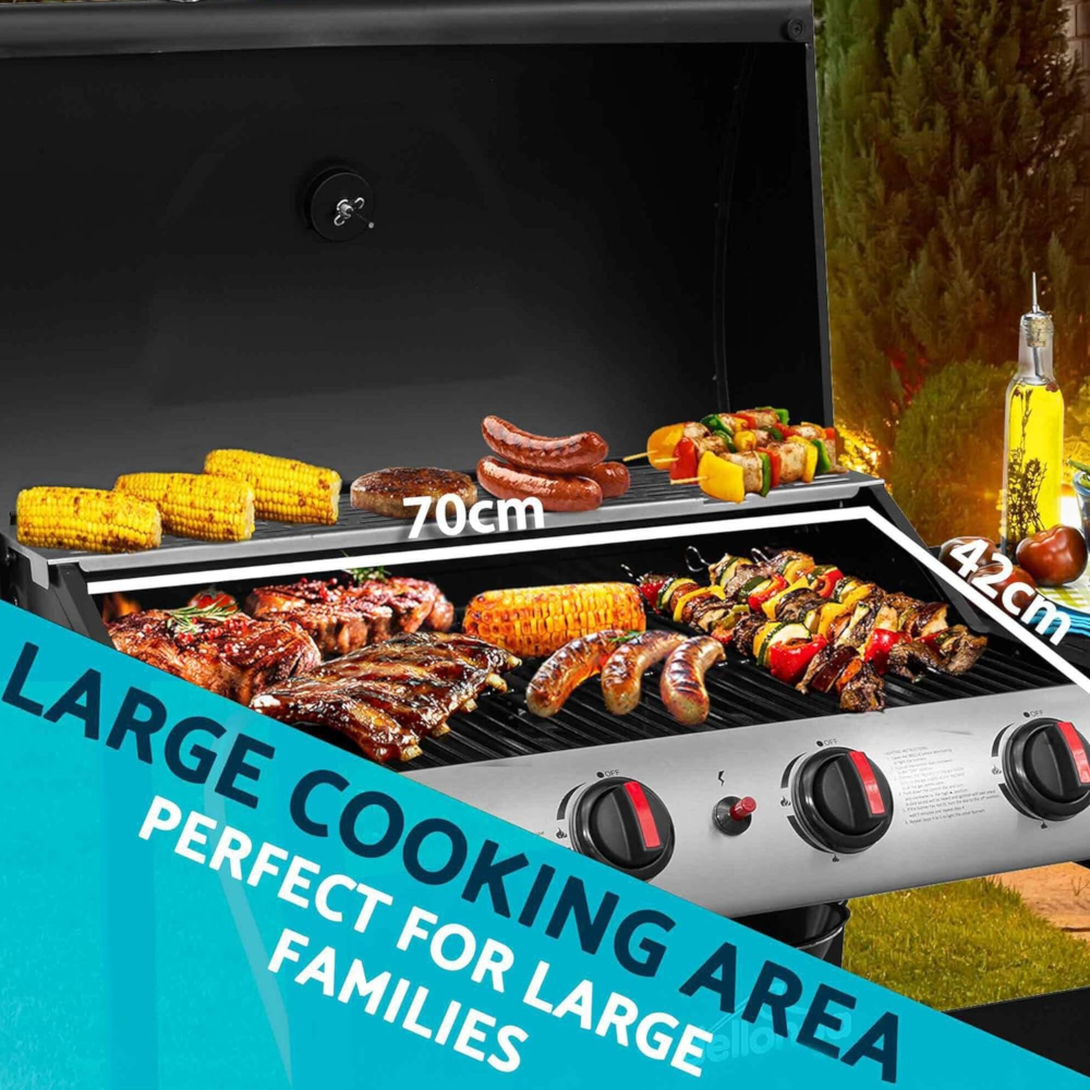 Dellonda DG15 4 Burner Gas Barbecue Grill Cooker with Piezo Ignition, Built-in Thermometer, Black/Stainless Steel