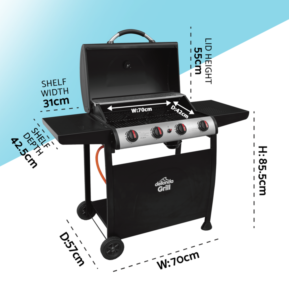 Dellonda DG15 4 Burner Gas Barbecue Grill Cooker with Piezo Ignition, Built-in Thermometer, Black/Stainless Steel