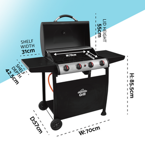 Dellonda DG15 4 Burner Gas Barbecue Grill Cooker with Piezo Ignition, Built-in Thermometer, Black/Stainless Steel