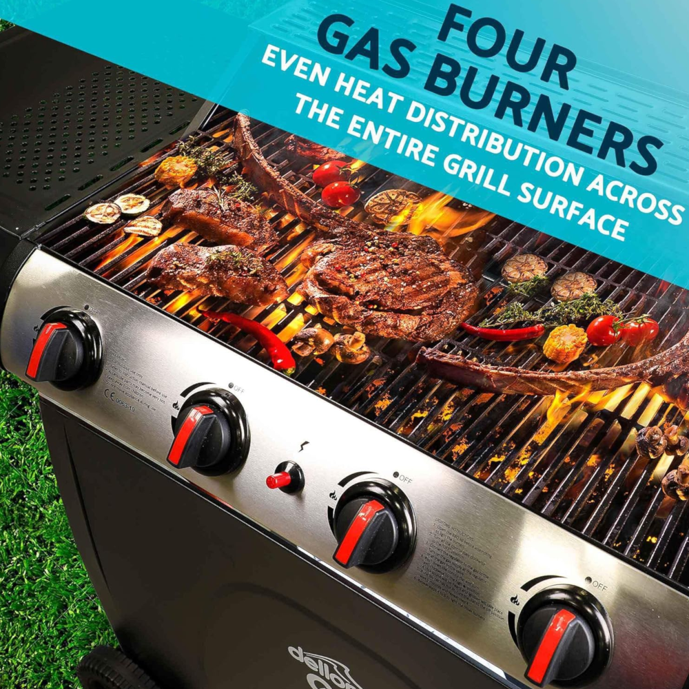 Dellonda DG15 4 Burner Gas Barbecue Grill Cooker with Piezo Ignition, Built-in Thermometer, Black/Stainless Steel