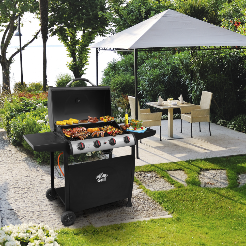 Dellonda DG15 4 Burner Gas Barbecue Grill Cooker with Piezo Ignition, Built-in Thermometer, Black/Stainless Steel