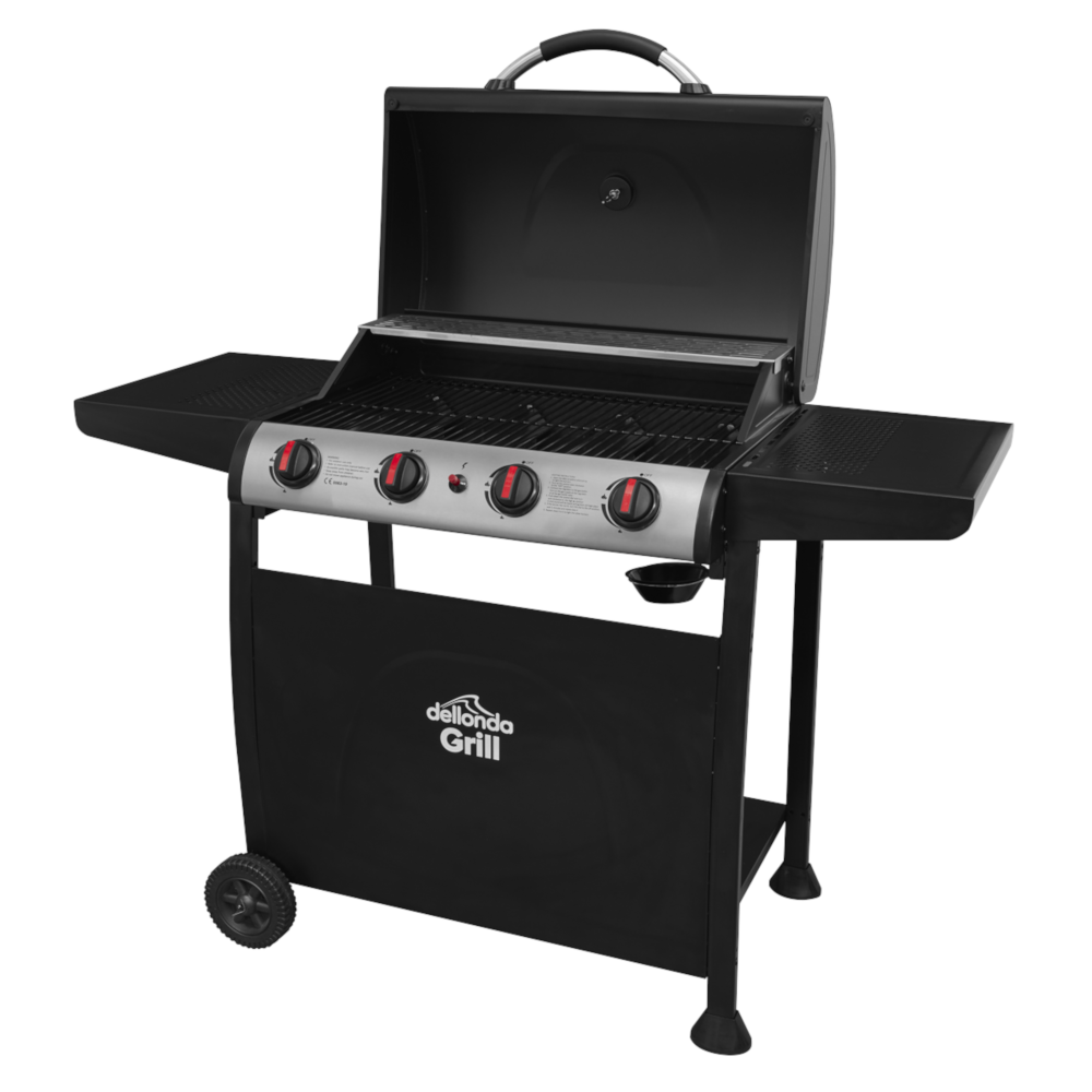 Dellonda DG15 4 Burner Gas Barbecue Grill Cooker with Piezo Ignition, Built-in Thermometer, Black/Stainless Steel
