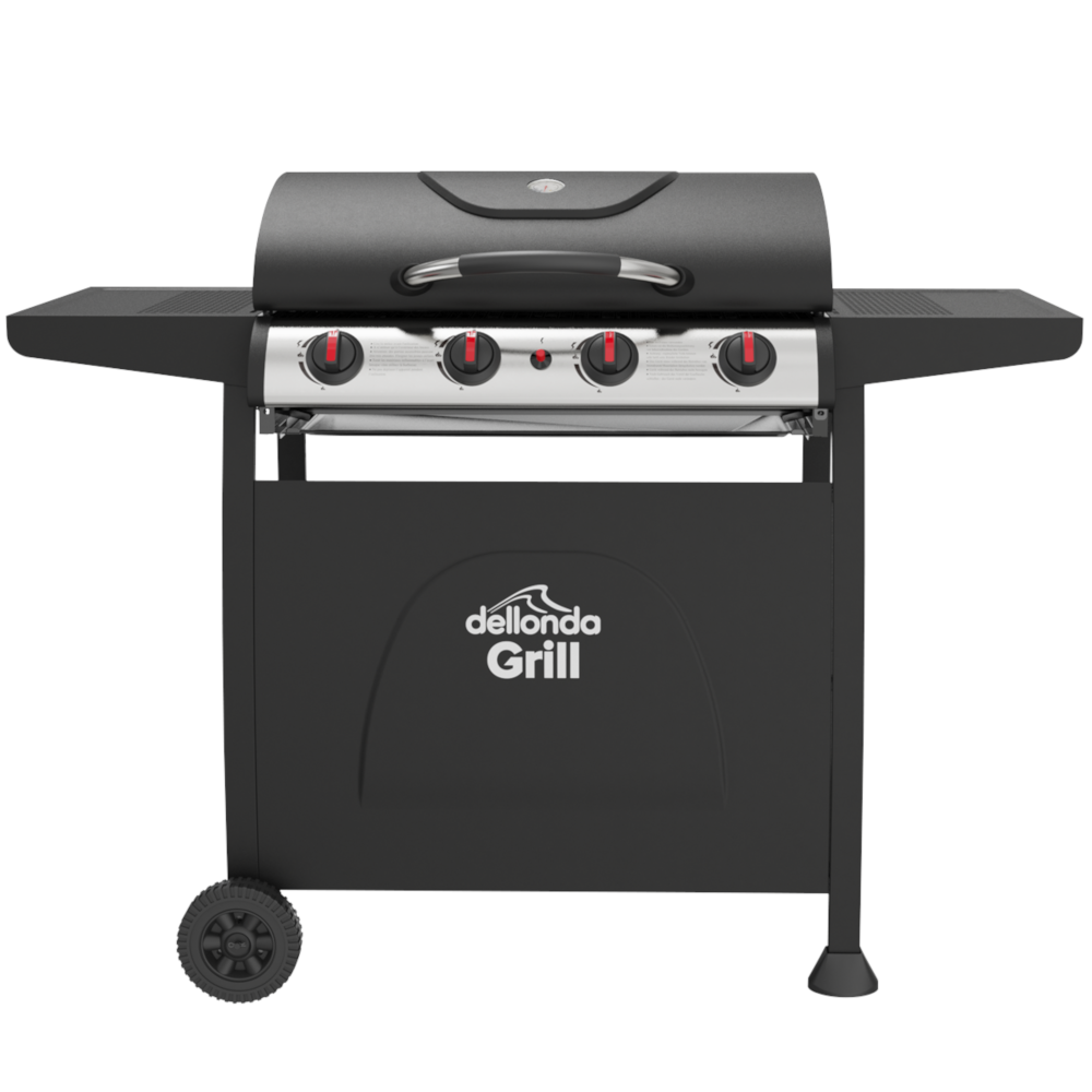 Dellonda DG15 4 Burner Gas Barbecue Grill Cooker with Piezo Ignition, Built-in Thermometer, Black/Stainless Steel