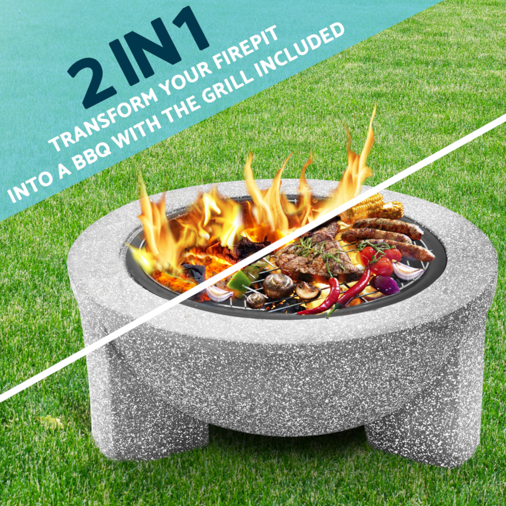 Dellonda DG190 Round MgO Garden Outdoor Fire Pit with Barbecue Grill 75cm, Light Grey