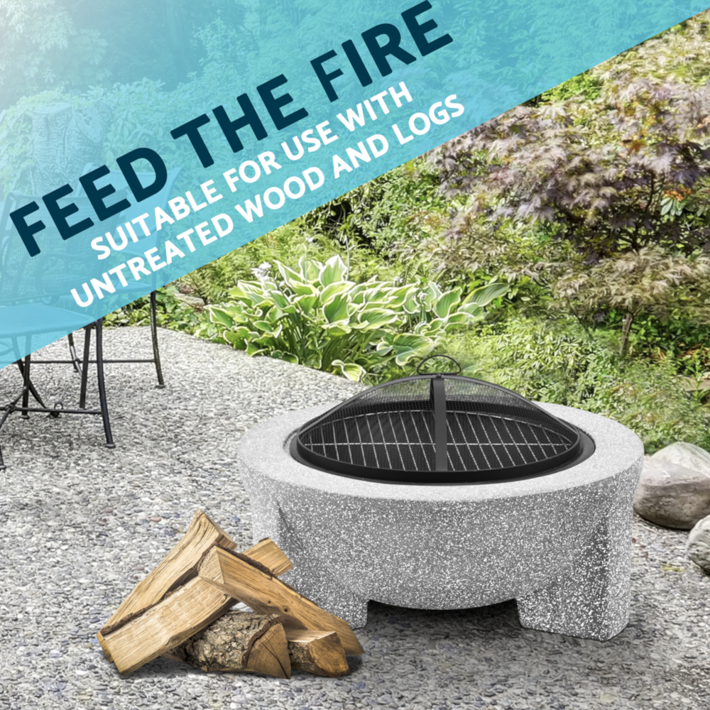 Dellonda DG190 Round MgO Garden Outdoor Fire Pit with Barbecue Grill 75cm, Light Grey