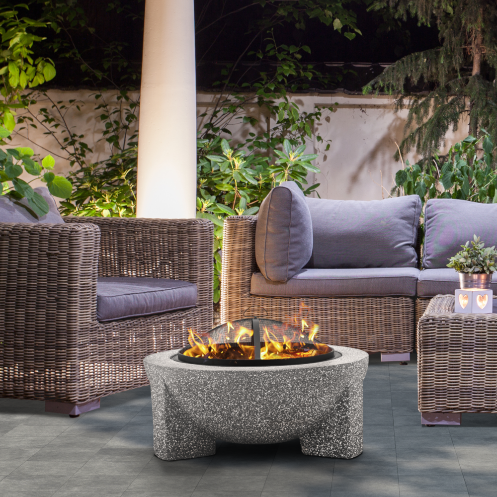 Dellonda DG190 Round MgO Garden Outdoor Fire Pit with Barbecue Grill 75cm, Light Grey
