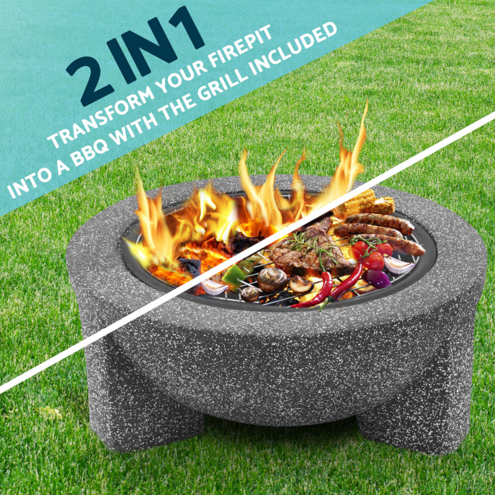 Dellonda DG191 Round MgO Garden Outdoor Fire Pit with Barbecue Grill 75cm, Dark Grey