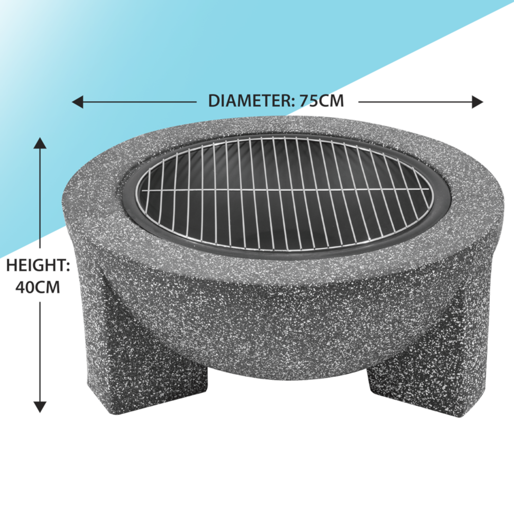 Dellonda DG191 Round MgO Garden Outdoor Fire Pit with Barbecue Grill 75cm, Dark Grey