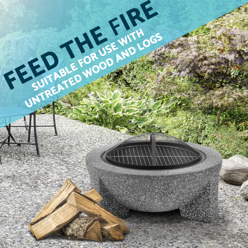 Dellonda DG191 Round MgO Garden Outdoor Fire Pit with Barbecue Grill 75cm, Dark Grey