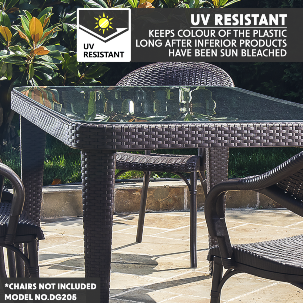 Dellonda DG206 Faux Rattan Wicker Rectangular Outdoor Garden Patio Dining Table with Tempered Glass Top, 150cm, Brown