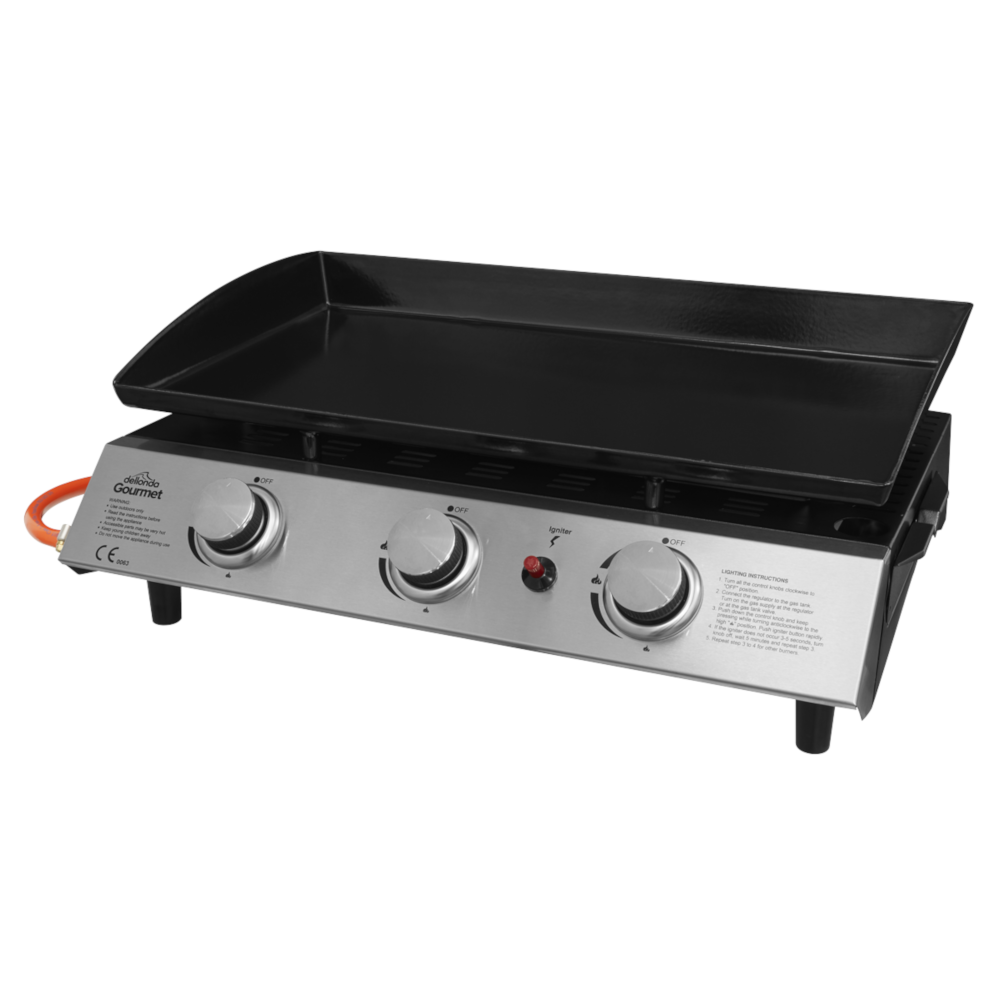 Dellonda DG22 3 Burner Portable Propane Gas Plancha Barbecue Grill Griddle 7.5kW with Piezo Ignition, Stainless Steel