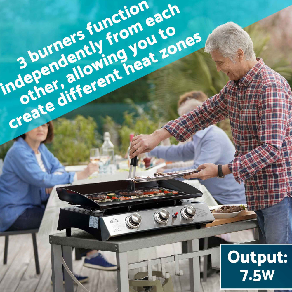 Dellonda DG22 3 Burner Portable Propane Gas Plancha Barbecue Grill Griddle 7.5kW with Piezo Ignition, Stainless Steel