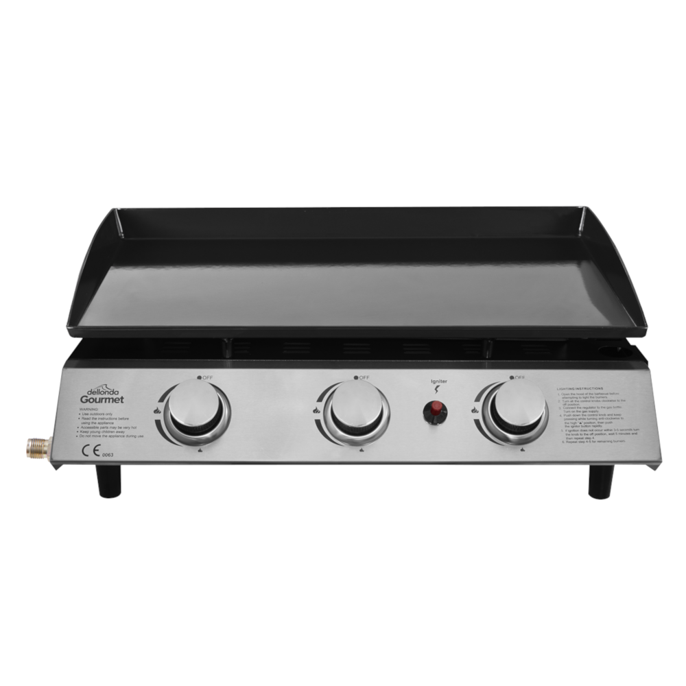 Dellonda DG22 3 Burner Portable Propane Gas Plancha Barbecue Grill Griddle 7.5kW with Piezo Ignition, Stainless Steel