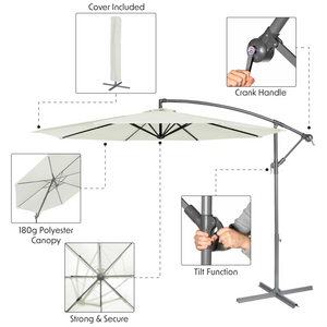 Dellonda DG265 Premium Banana Parasol Umbrella, Outdoor Garden Patio Cover Canopy with Tilt Function, 3m, Cream