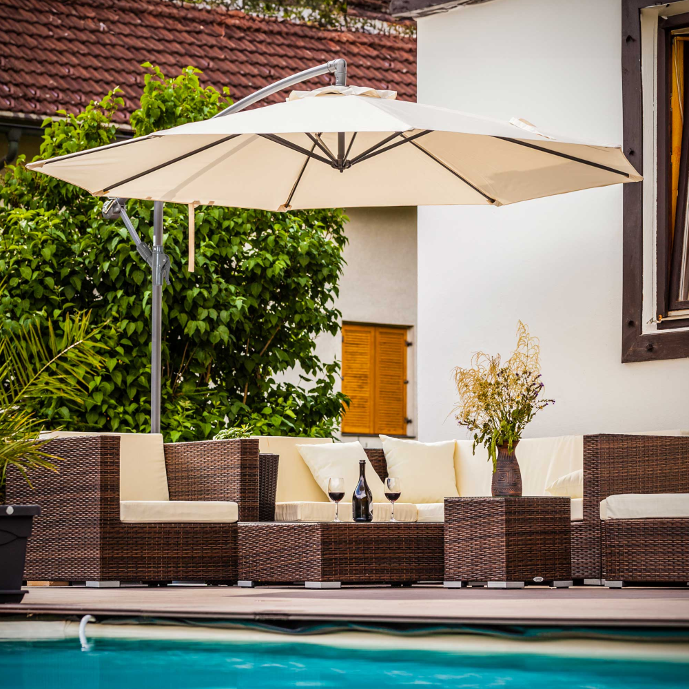 Dellonda DG265 Premium Banana Parasol Umbrella, Outdoor Garden Patio Cover Canopy with Tilt Function, 3m, Cream