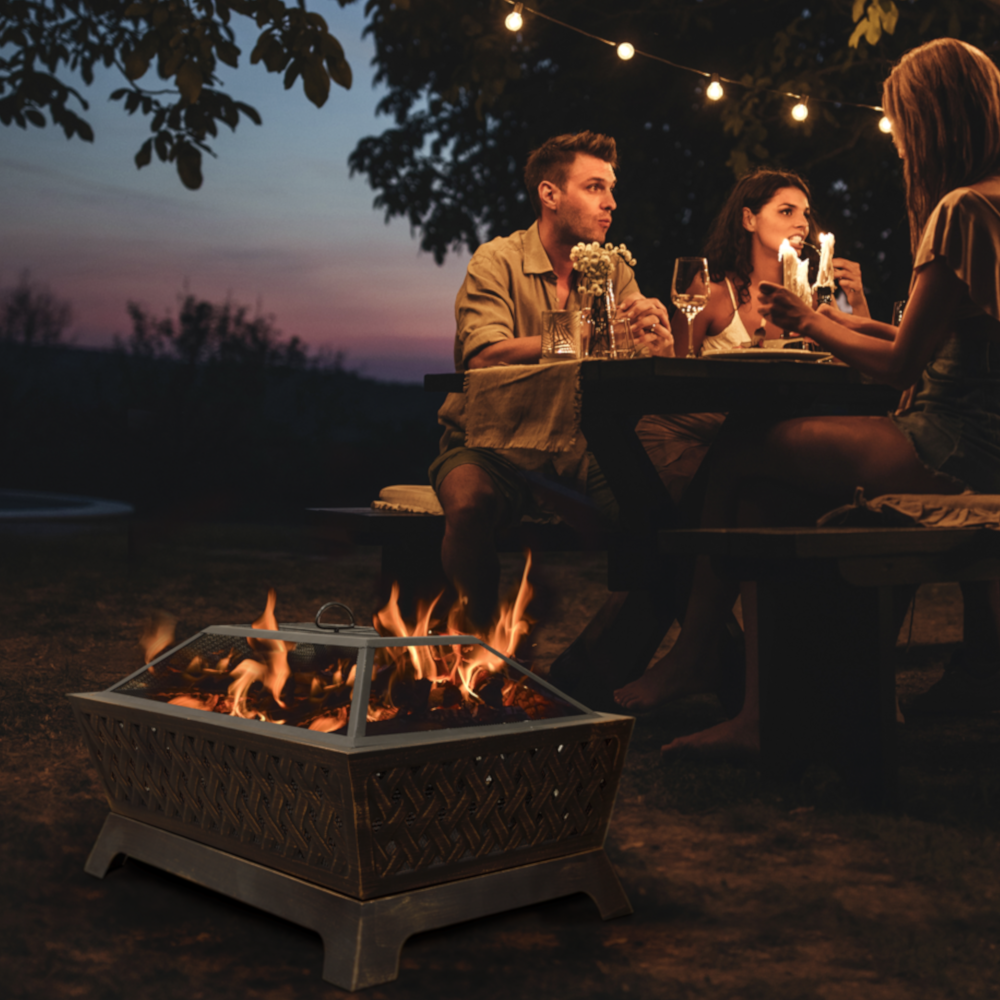 Dellonda DG44 Rectangular Outdoor Fire Pit 35", Antique Brass Effect