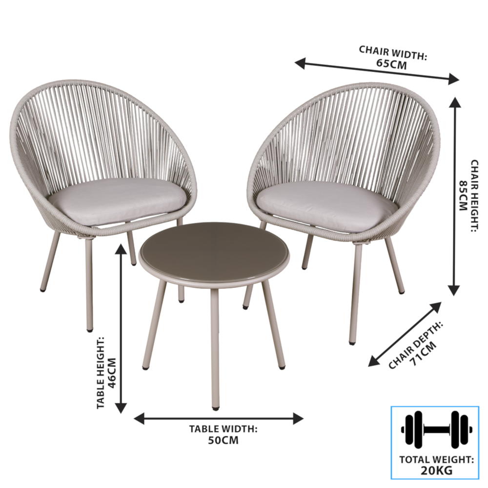 Dellonda DG55 Como 3 Piece Outdoor Garden Patio Steel Bistro Chair and Table Set with Tempered Glass Top, Grey