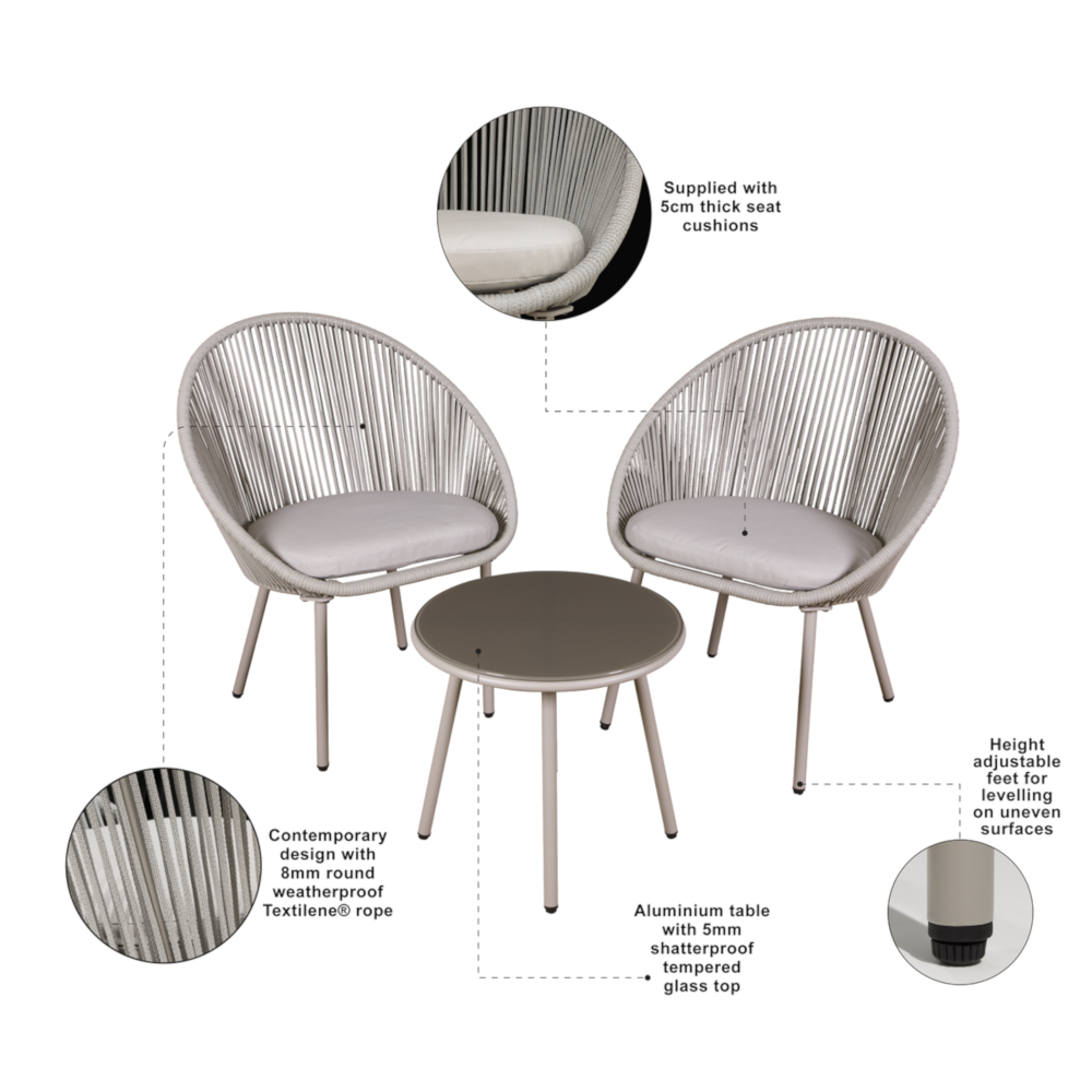 Dellonda DG55 Como 3 Piece Outdoor Garden Patio Steel Bistro Chair and Table Set with Tempered Glass Top, Grey