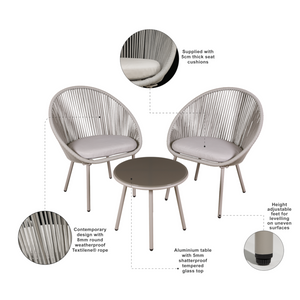 Dellonda DG55 Como 3 Piece Outdoor Garden Patio Steel Bistro Chair and Table Set with Tempered Glass Top, Grey